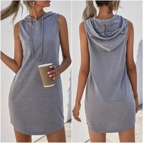 Cozy Navy Blue Minimalist Sleeveless Hoodie Casual Dress - Picture 4 of 7